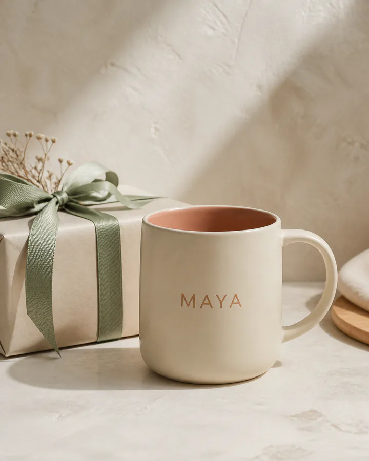 Personalized mug photographed with soft balanced lighting